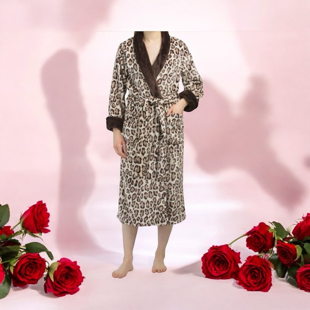 NATORI Plush Leopard Faux Fur Cozy Collar Robe w/ Belt SMALL Cream/Brown VGC!